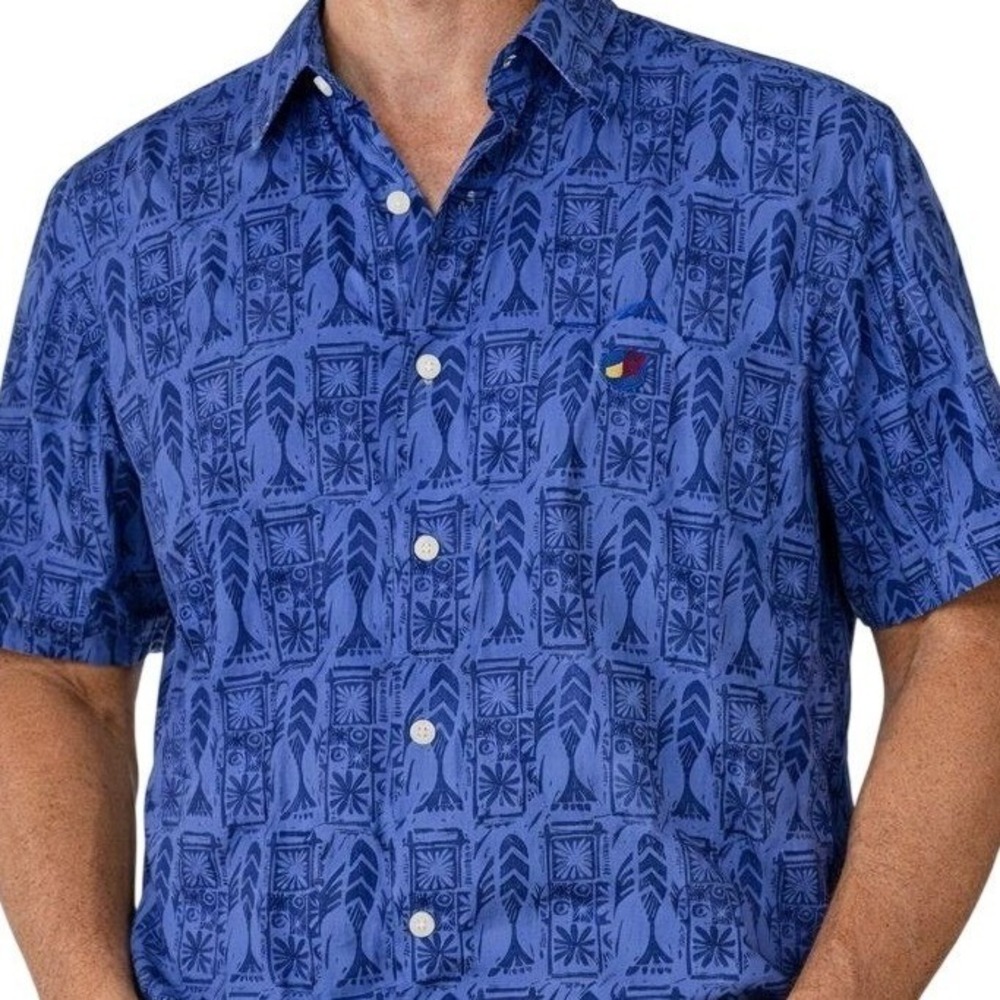 Vintage Tommy Hilfiger Hawaiian Shirt Mens M Blue Fish Print 90s AOP Button Up